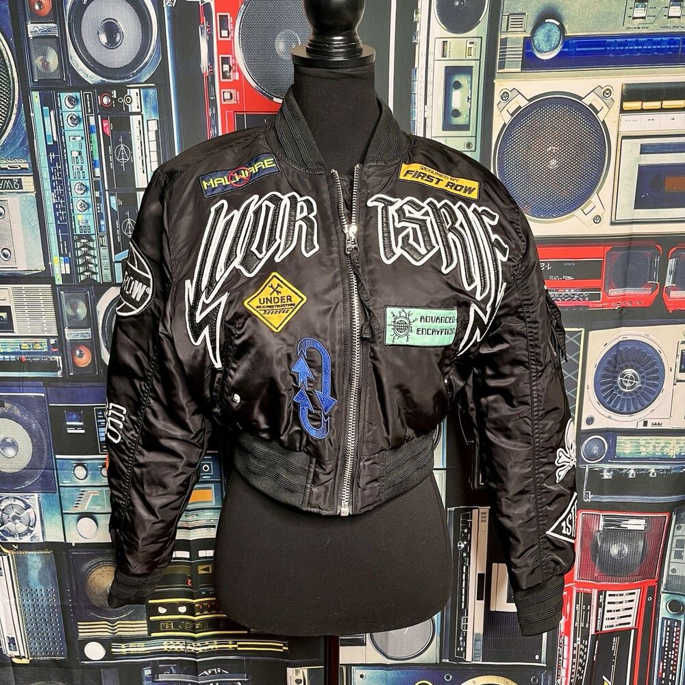 FIRST ROW Black Bomber Jacket Patchwork Cyber Tech Design Street Wear Medium